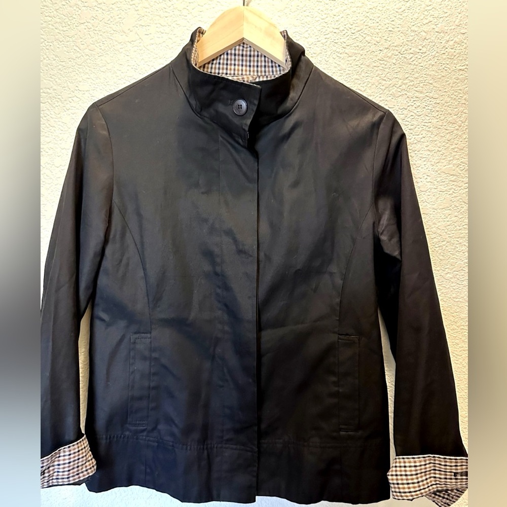 Aquascutum London Cropped Cotton Jacket Black Check Lining Size 38